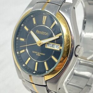 Armitron Mens Watch 40mm Silver Gold Two Tone Day Date WR 50M New Battery 7.25"
